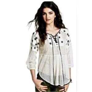 FREE PEOPLE Embroidered Dot Mesh Star Dust Roses are Red Babydoll Top XS